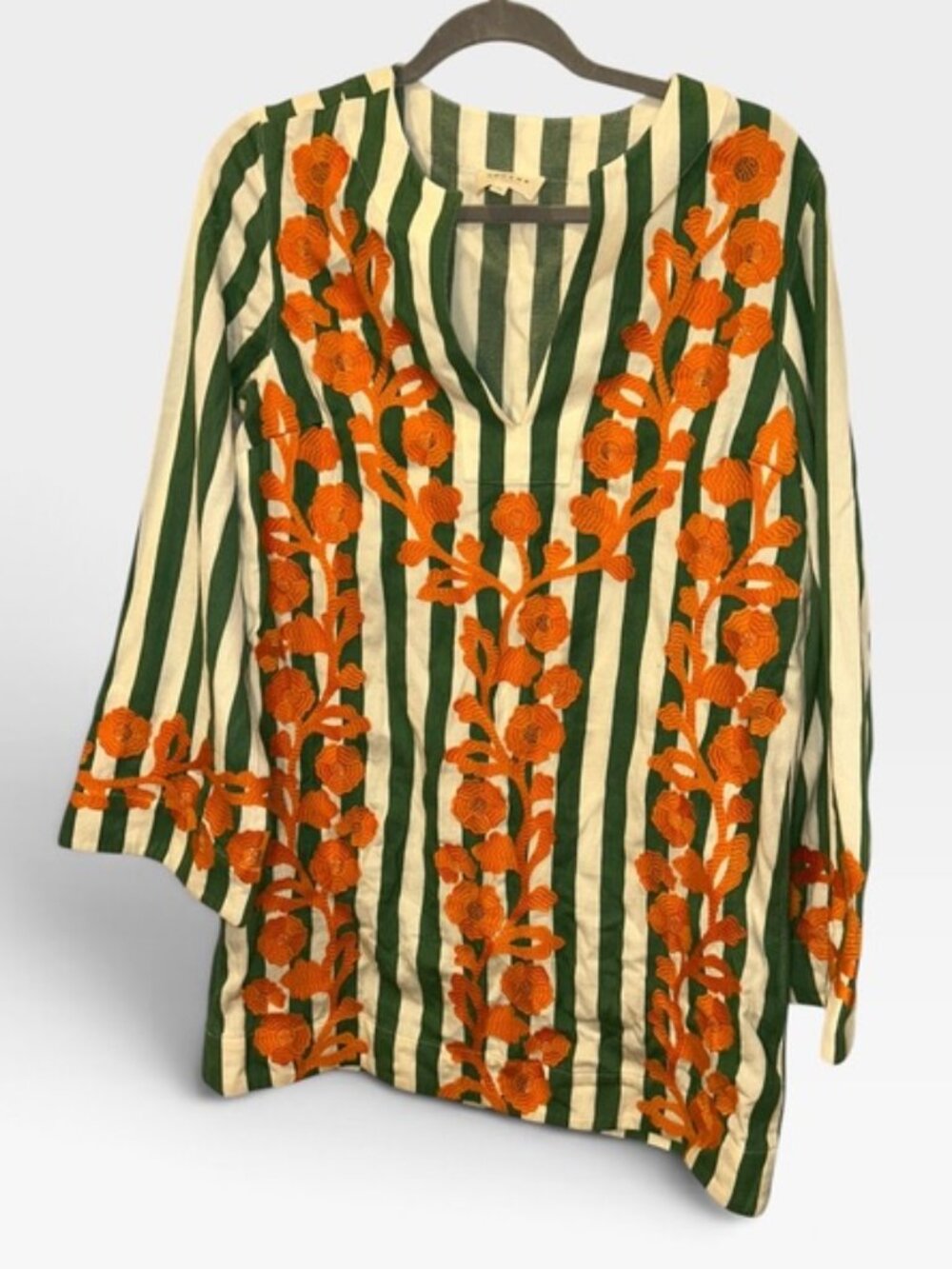 Sezanne Paris Green stripe ORANGE embroidered floral tunic top 36 4